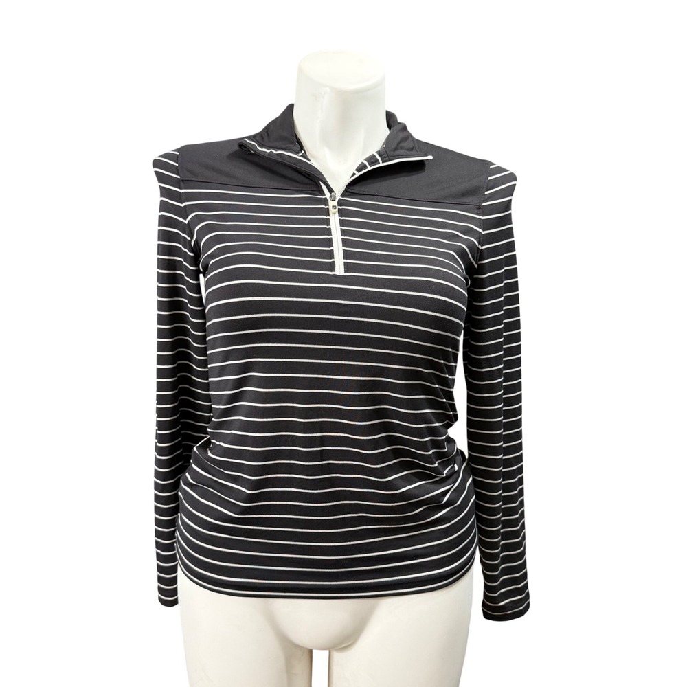 FootJoy Womens Black White Striped Quarter Zip Golf Pullover Top Small FJ Logo